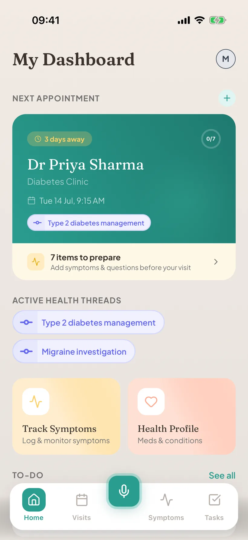 Seenly My Dashboard, a next-appointment card three days away with Dr Priya Sharma at the Diabetes Clinic, items to prepare, active health threads, and a central record button.