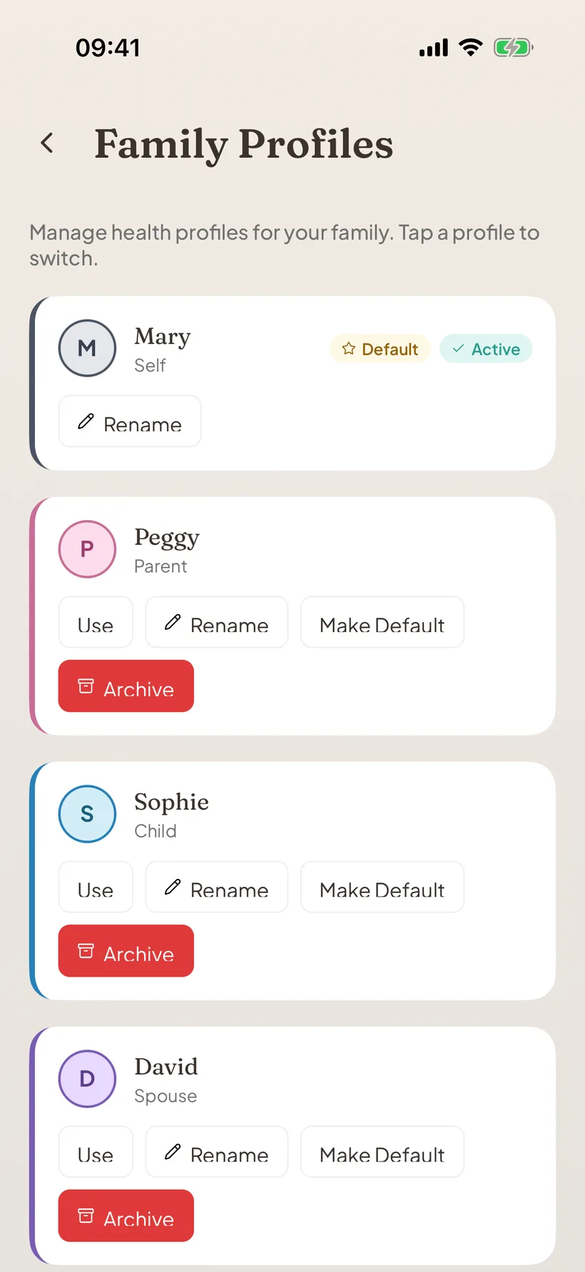 Seenly Family Profiles, Mary (self), Peggy (parent), Sophie (child) and David (spouse), each with their own health record.