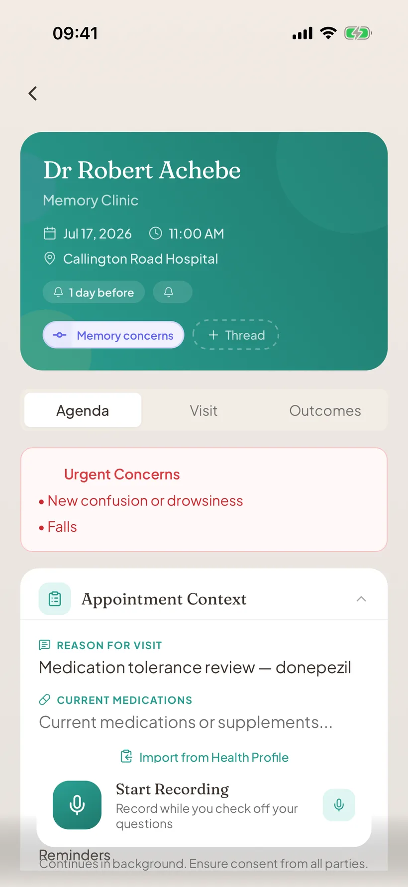 A Memory Clinic appointment prepared in Seenly for an ageing parent, with Dr Robert Achebe.