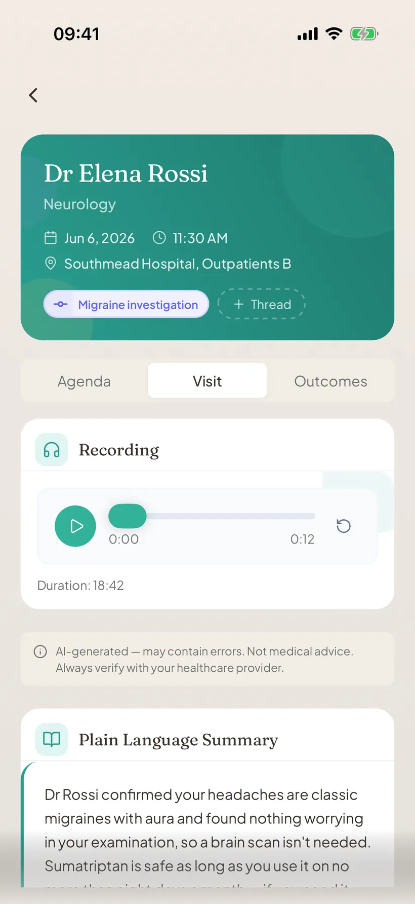 Seenly appointment Visit tab, a recording player and a plain-language summary of what the doctor said, with an AI disclaimer.