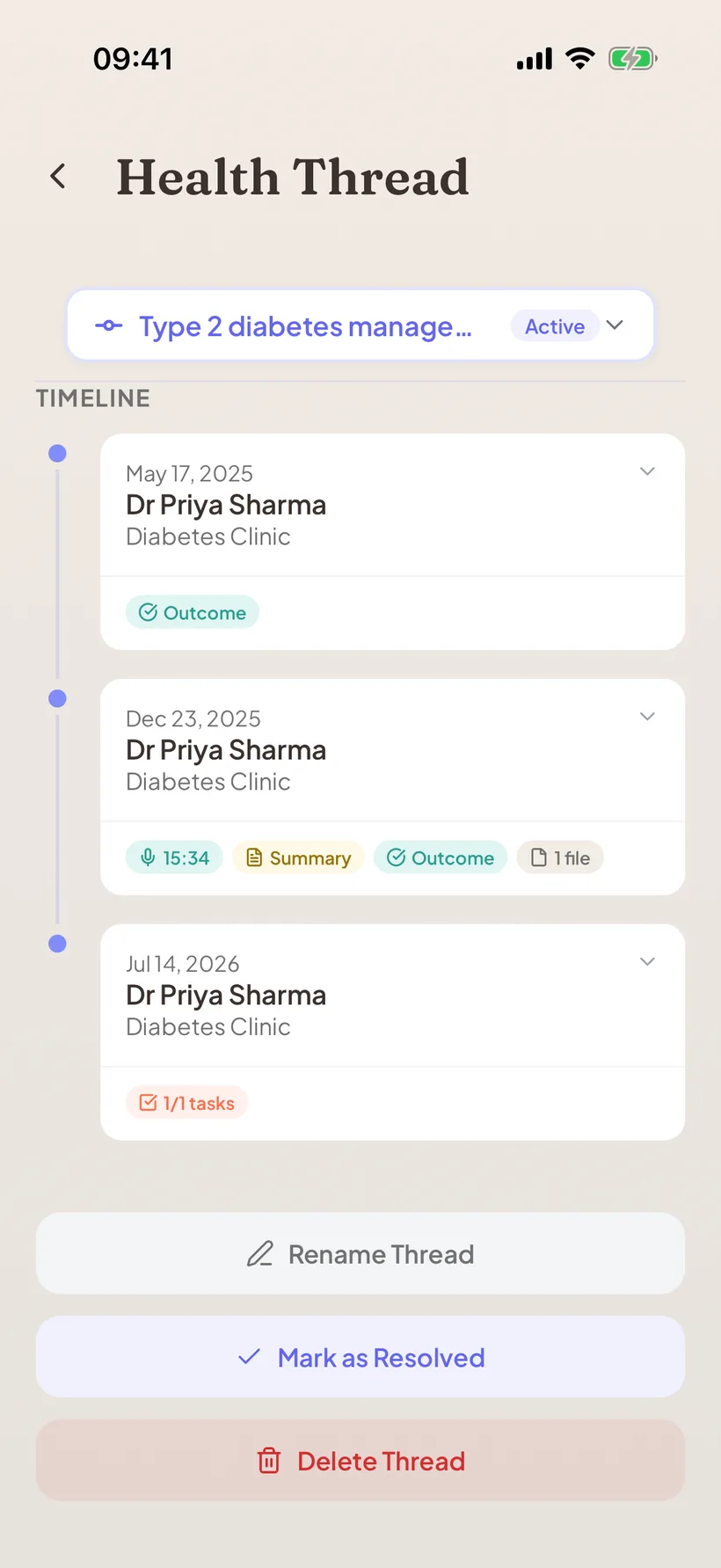 Seenly Health Thread timeline, Type 2 diabetes management tracked from May 2025 through December 2025 to July 2026, with recording, summary, outcome and file chips on each visit.